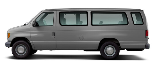 Side view of a classic American passenger minibus in gray. Isolated on a white background.