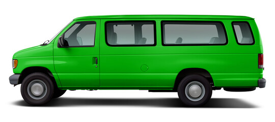 Side view of a classic American passenger minibus in green. Isolated on a white background.