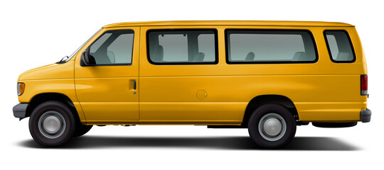 Side view of a classic American passenger minibus in yellow. Isolated on a white background.