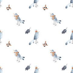 Watercolor cute seamless pattern with birds and berris in Scandinavian style for fabrics, paper, textile, gift wrap isolated on white background 