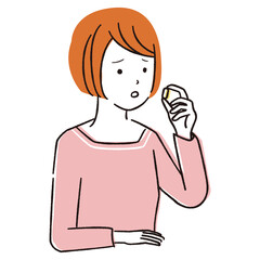手書き線画カラーイラスト サプリメントを不安そうに見る女性
