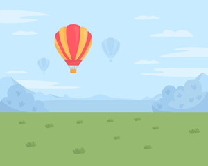 Naklejka premium Hot air balloon festival flat color vector illustration. Recreation and entertainment. Cloudscape with floating balloons. Panoramic 2D cartoon landscape with daytime sky on background