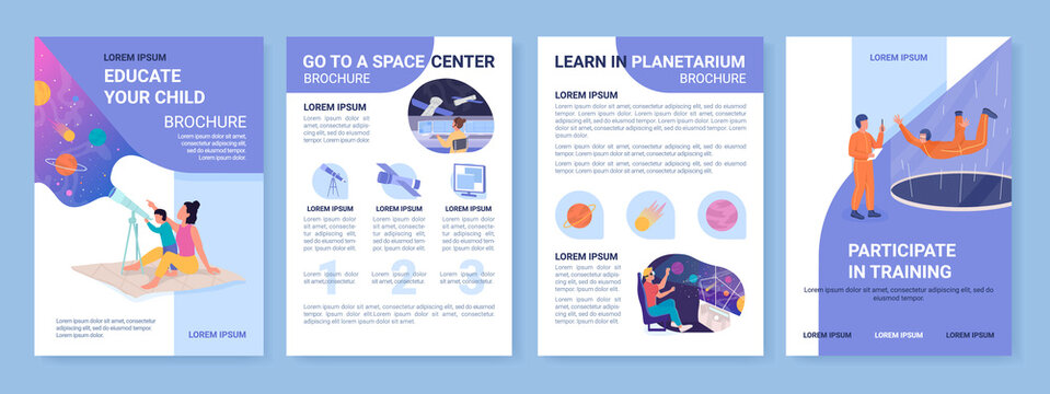 Space education for children flat vector brochure template. Flyer, booklet, printable leaflet design with flat illustrations. Magazine page, cartoon reports, infographic posters with text space