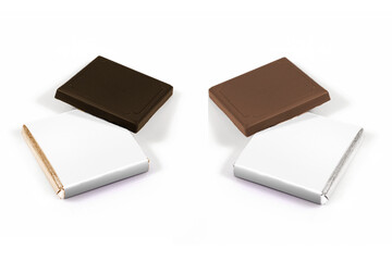 Milk and dark noir chocolate bar with packaging box. Mock up isolated on a white background. 3d rendering.
