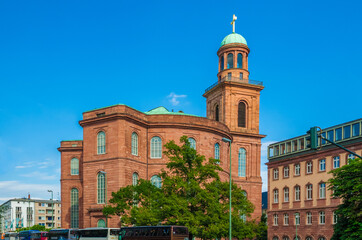 Beautiful view of the famous Paulskirche (St Paul's Church) seen from the street Berliner Straße in Frankfurt am Main. It is a national symbol for freedom and democracy in Germany.
