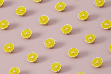 3D render, pattern of lemon halves on a pink background. Minimum food concept. Banner or icon,...