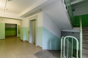 Russia, Moscow- May 03, 2020: interior room apartment public place, house entrance. doors, walls, staircase corridors