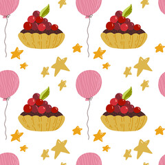 Happy Birthday Seamless Pattern with cute cakes, balloons and stars. Hand drawn vector illustration.