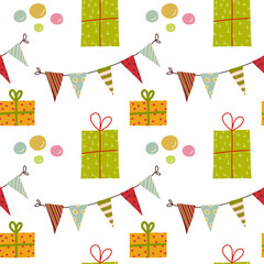 Happy Birthday Seamless Pattern with cute gifts, flags and bubbles. Hand drawn vector illustration.