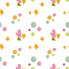 Happy Birthday Seamless Pattern with cute hearts and stars. Hand drawn vector illustration.