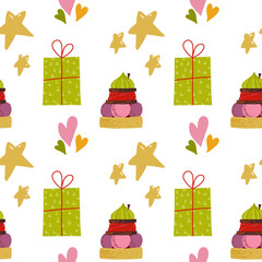 Happy Birthday Seamless Pattern with cute gifts, cakes, hearts and stars. Hand drawn vector illustration.