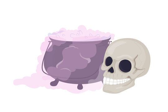 Cauldron and skull semi flat color vector item. Creepy decor. Realistic object on white. Spooky Halloween decoration isolated modern cartoon style illustration for graphic design and animation