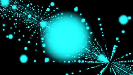 Abstract cyan color particle ball on black background .