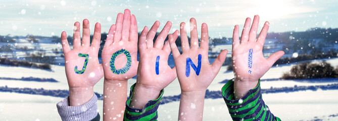 Children Hands Building Word Join, Snowy Winter Background