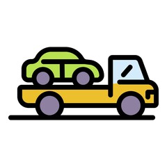 Naklejka premium Car on a tow truck icon. Outline car on a tow truck vector icon color flat isolated