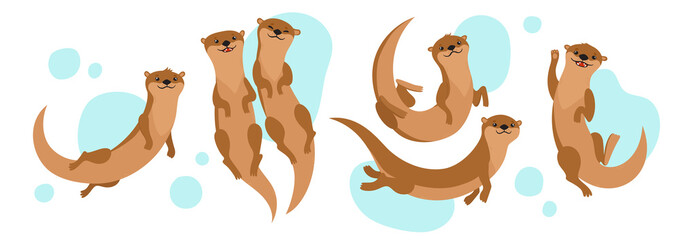 Vector set with cartoon otters and bubbles isolated on white.