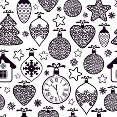 Beautiful design Christmas seamless pattern with xmas toys, balls, snowflakes and stars on white background. Graphic geometric surface pattern.