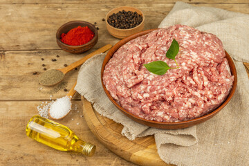 Raw minced meat. Ground pork with spices