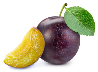 Plum fruit and green leaves isolated on white background. Clipping path plum. Plum macro studio photo