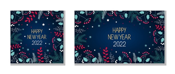 Set of hand-drawn Happy New Year Floral Card templates. Vector