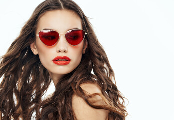 Attractive Brunette Wearing Sunglasses Bare Shoulders Clear Skin