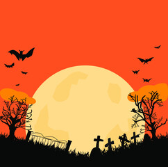 full moon background on cemetery graveyard tombstone haunted tree and bat in orange halloween night copy space