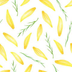 Watercolor yellow flower petals seamless pattern. Hand painted simple floral design with herbs isolated on white background for textile, wrapping, fabrics, wallpaper, bed linen