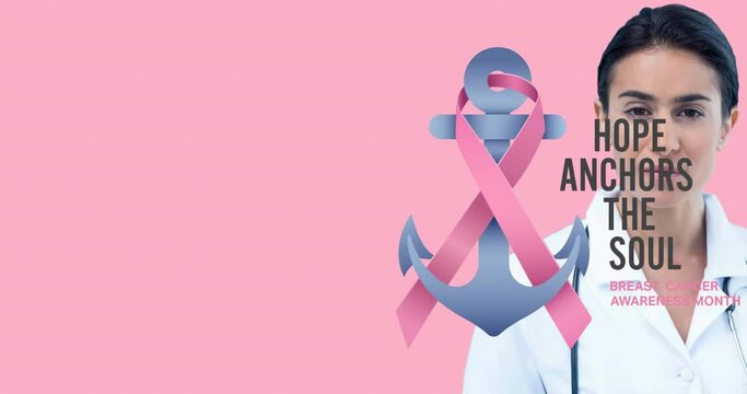 Animation of breast cancer awareness text over smiling biracial female doctor on pink background