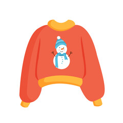 Christmas knitted sweater or jumper with snowman print for postcard, poster, poster. Cute New Year and Christmas vector illustration in flat style.