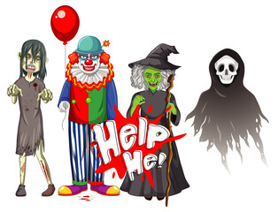 Help Me text design with Halloween ghost characters