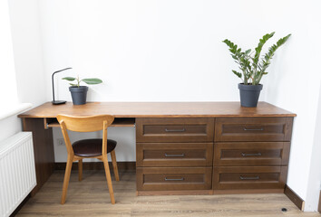 Obraz na płótnie Canvas Wooden dresser with drowers in minimalist room interior