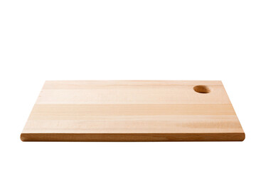 aged dark chopping board out of wood. isolated in white background. perspective view