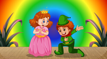 Fototapeta na wymiar Princess and kid cartoon character on rainbow gradient background