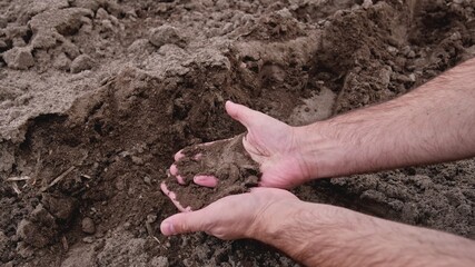 Cacuasian Male Touching and Grabbing Dry Brown Fertile Soil With Bare Hands	 - Powered by Adobe