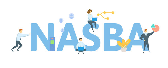 NASBA, National Association of State Boards of Accountancy. Concept with keyword, people and icons. Flat vector illustration. Isolated on white.