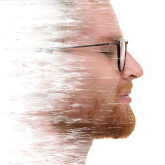 A double exposure portrait of an attractive man combined with digital art.