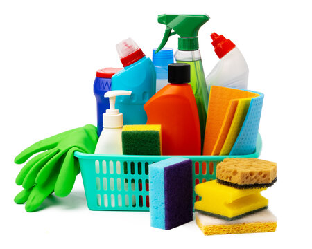 Cleaning items in basket isolated on white background