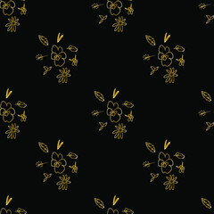 Vector seamless pattern with Floral botanicals hand drawn golden line on black background.Flowers repeating print  in doodle style.Design for textiles,packaging,wrapping paper,scrapbook paper. 