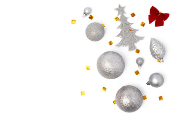 Top view Christmas decorations composition on white background with copy space