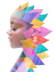 A portrait of a young woman combined with a colorful digital illustration.