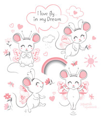 Cute butterfly mice. Individual elements