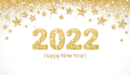 Obraz na płótnie Canvas Holiday banner with golden decoration. 2022 numbers and Happy new year text. Glitter dust and stars border. Vector background. For Christmas and winter season cards, headers, party posters.