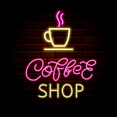 Coffee shop neon brush lettering. Bright promotion. Outer glowing effect poster. Isolated vector stock illustration
