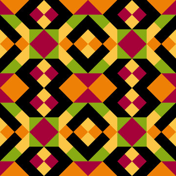 Mosaic seamless texture. Abstract pattern. Vector geometric background of triangles in green, orange and bleck colors