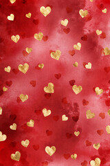 Red Watercolor Abstract Background with Gold Hearts