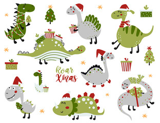 Set of cute christmas dinosaurs.