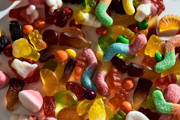 Fototapeta na wymiar Close up shot of many tasty colorful gummies made from fruit juice, gelatin and sugar on white background