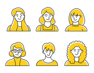 Contour set of persons, avatars, people heads of different age in flat style. Social networks line people faces collection. Women, Girls 
