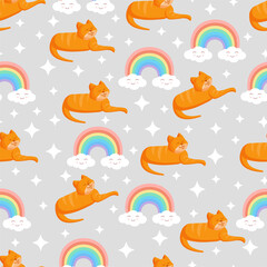 Naklejka premium Seamless texture with ginger cat, clouds and stars and a rainbow for textiles, fabric. Vector illustration of the pattern.
