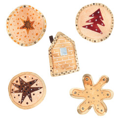 Watercolor set of Christmas illustrations, ginger cookies, house, star, round cookies, xmas sweets and candies. Elements for winter holidays 
